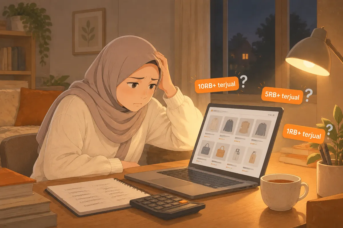Ilustrasi seller online bingung menatap laptop, dikelilingi label 10RB+, 5RB+, dan 1RB+ terjual yang angkanya dibulatkan