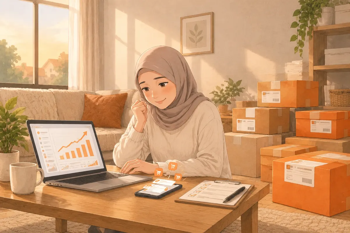 Ilustrasi seller tersenyum melihat dashboard penjualan naik dengan notifikasi pesanan di HP dan paket siap kirim
