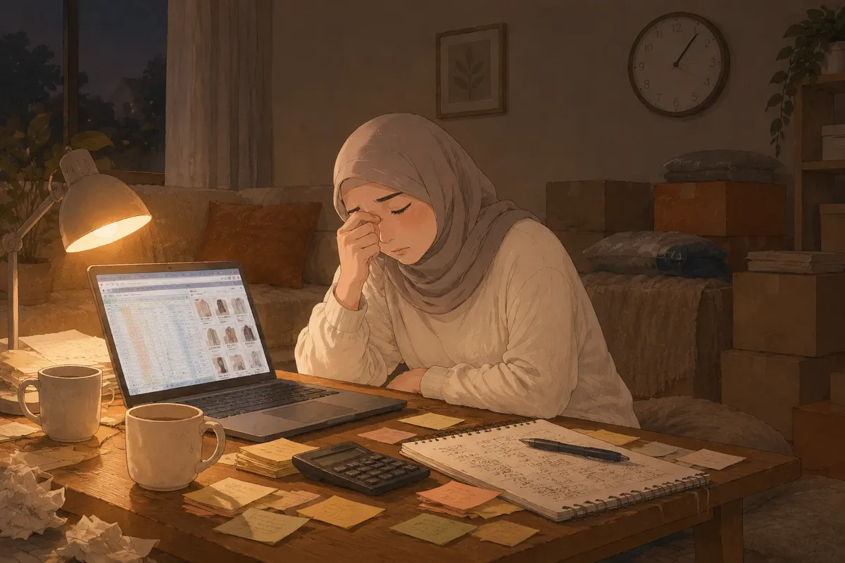Ilustrasi seller begadang sampai larut malam di depan laptop penuh spreadsheet dan tab produk, dikelilingi catatan, kalkulator, dan gelas kopi kosong
