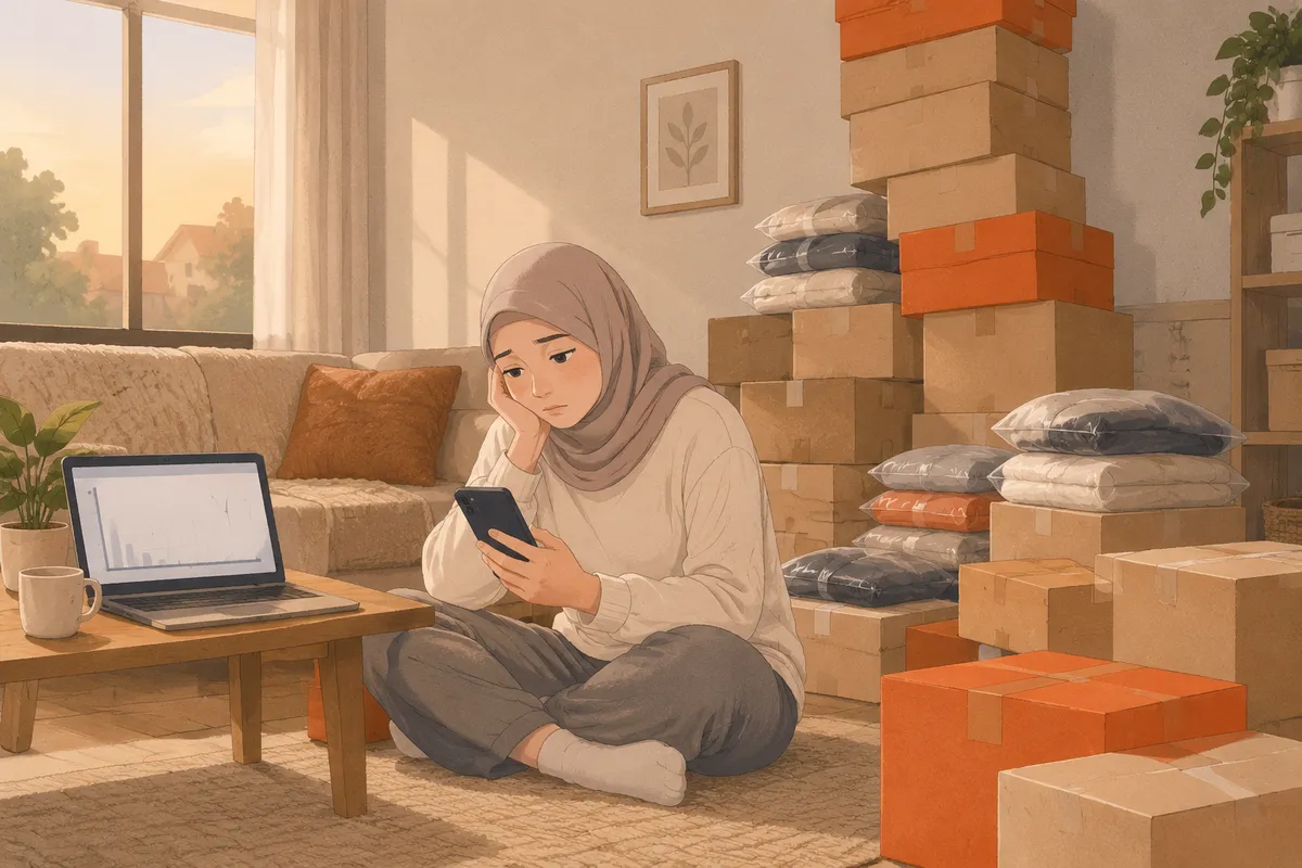 Ilustrasi seller lesu menatap HP tanpa pesanan, dikelilingi tumpukan stok yang belum terjual